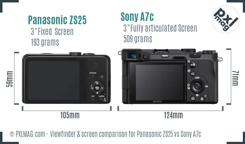 Panasonic ZS25 vs Sony A7c Screen and Viewfinder comparison