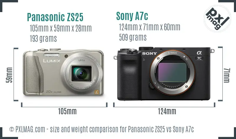 Panasonic ZS25 vs Sony A7c size comparison