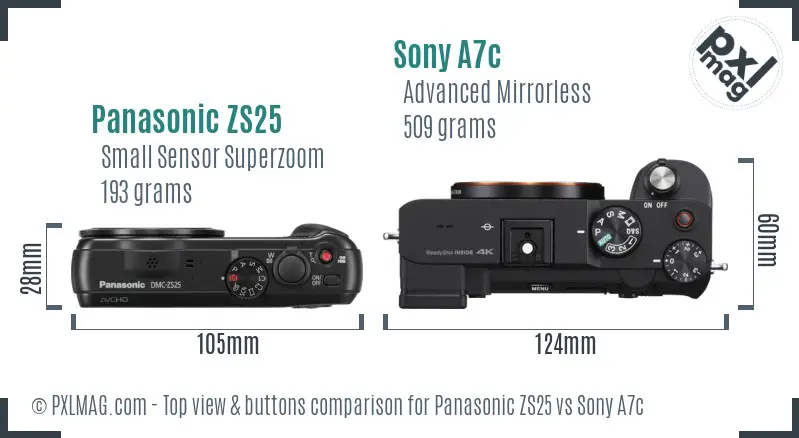 Panasonic ZS25 vs Sony A7c top view buttons comparison