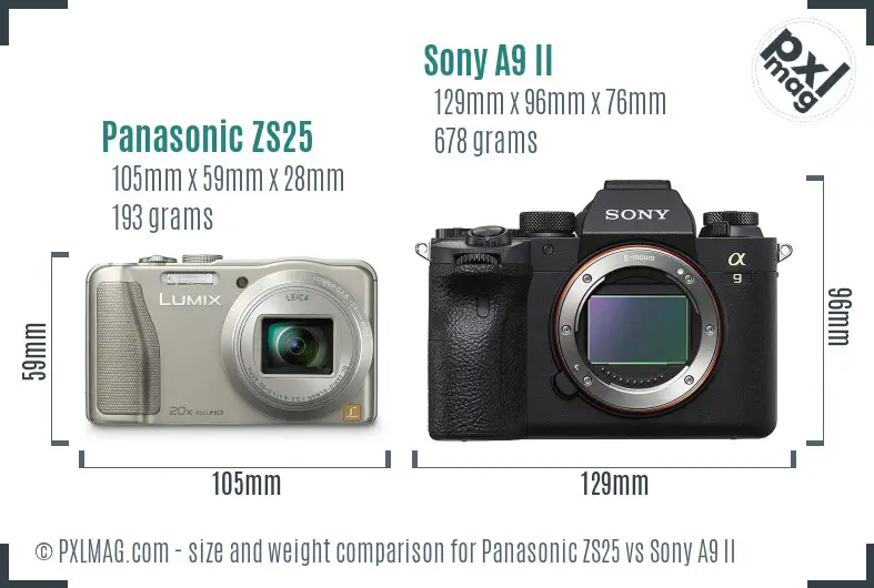 Panasonic ZS25 vs Sony A9 II size comparison