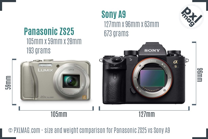Panasonic ZS25 vs Sony A9 size comparison