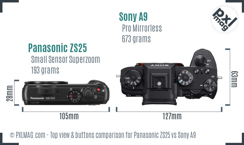 Panasonic ZS25 vs Sony A9 top view buttons comparison