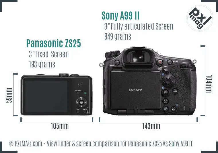 Panasonic ZS25 vs Sony A99 II Screen and Viewfinder comparison