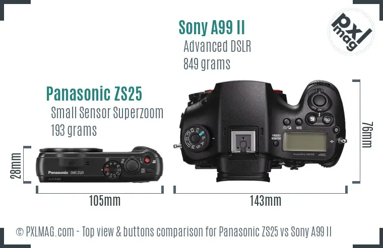 Panasonic ZS25 vs Sony A99 II top view buttons comparison
