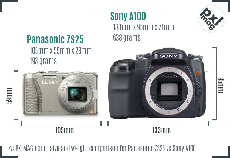 Panasonic ZS25 vs Sony A100 size comparison