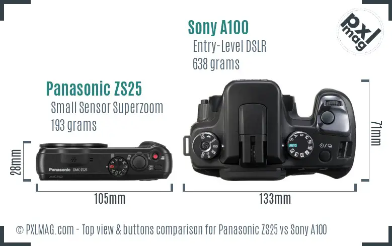 Panasonic ZS25 vs Sony A100 top view buttons comparison