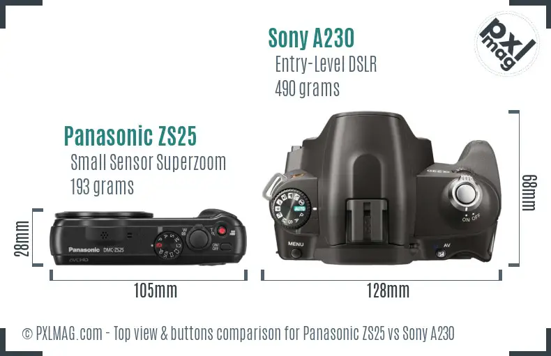 Panasonic ZS25 vs Sony A230 top view buttons comparison Panasonic ZS25 vs Sony A230 top view buttons comparison