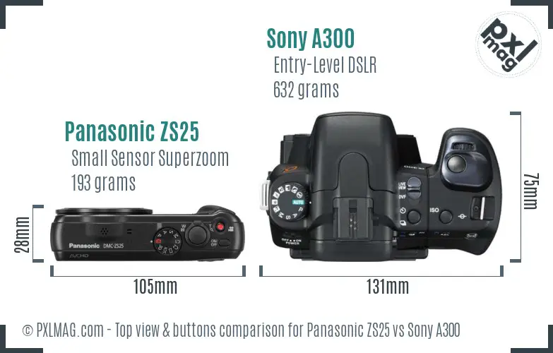 Panasonic ZS25 vs Sony A300 top view buttons comparison Panasonic ZS25 vs Sony A300 top view buttons comparison