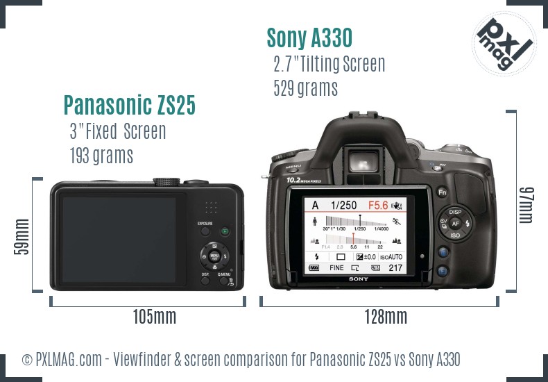 Panasonic ZS25 vs Sony A330 Screen and Viewfinder comparison