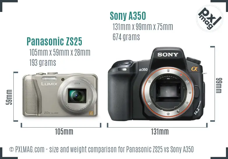 Panasonic ZS25 vs Sony A350 size comparison