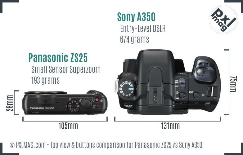 Panasonic ZS25 vs Sony A350 top view buttons comparison