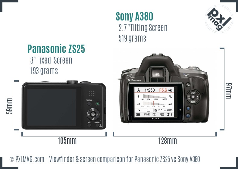 Panasonic ZS25 vs Sony A380 Screen and Viewfinder comparison