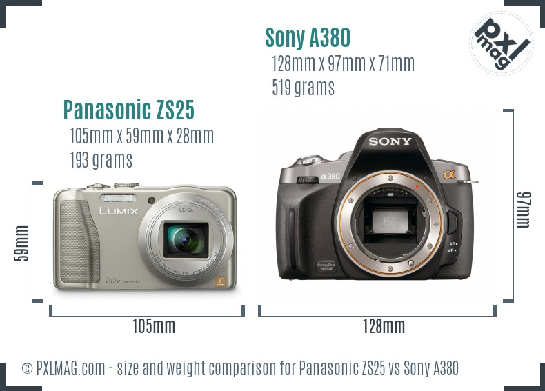 Panasonic ZS25 vs Sony A380 size comparison