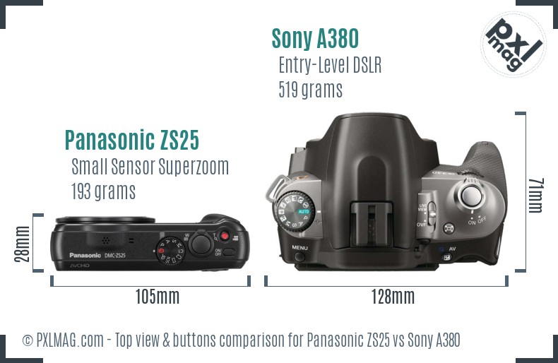 Panasonic ZS25 vs Sony A380 top view buttons comparison