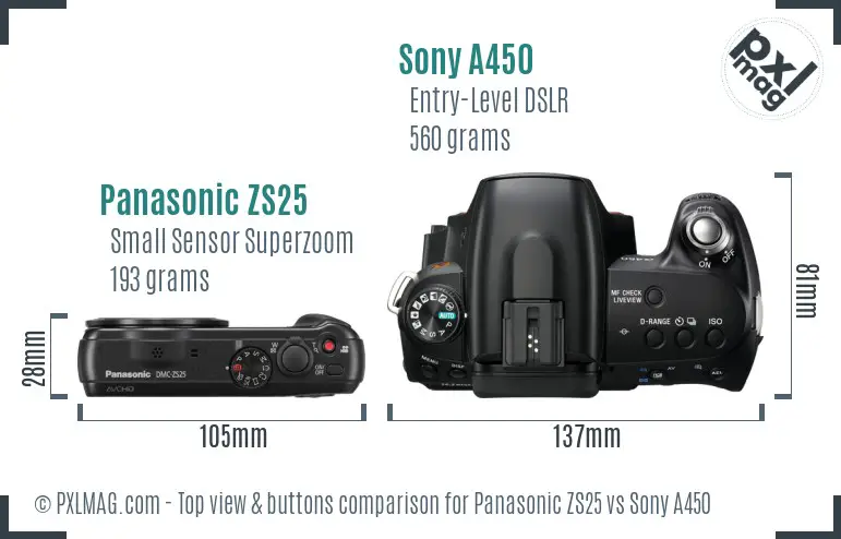 Panasonic ZS25 vs Sony A450 top view buttons comparison Panasonic ZS25 vs Sony A450 top view buttons comparison