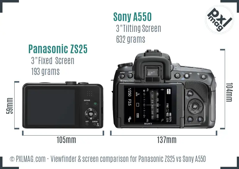 Panasonic ZS25 vs Sony A550 Screen and Viewfinder comparison