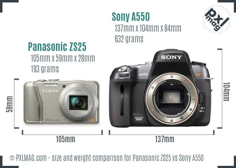 Panasonic ZS25 vs Sony A550 size comparison