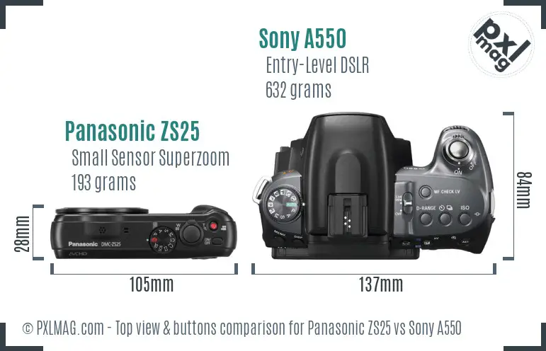 Panasonic ZS25 vs Sony A550 top view buttons comparison