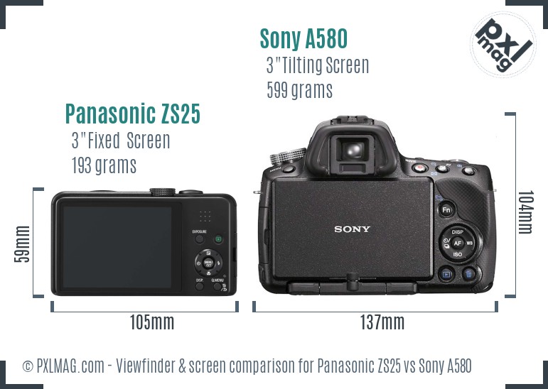 Panasonic ZS25 vs Sony A580 Screen and Viewfinder comparison