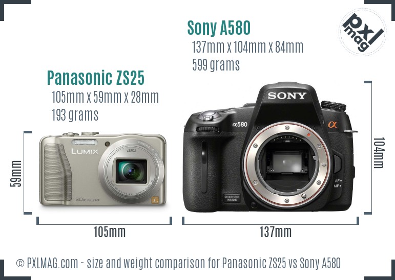 Panasonic ZS25 vs Sony A580 size comparison