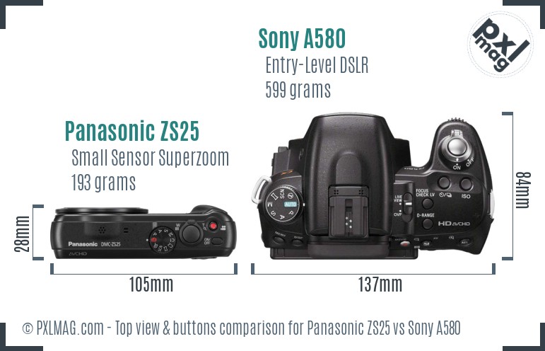 Panasonic ZS25 vs Sony A580 top view buttons comparison