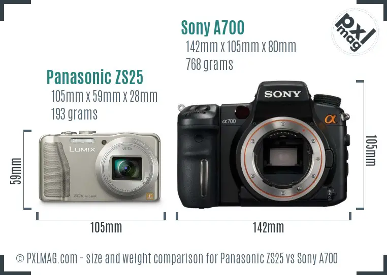 Panasonic ZS25 vs Sony A700 size comparison