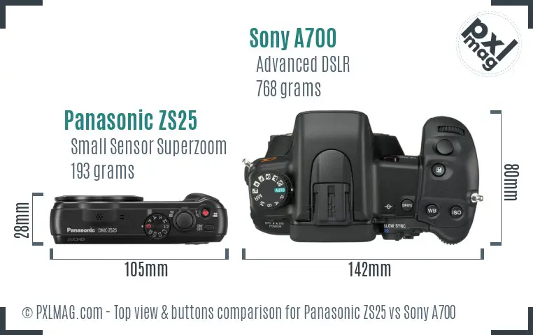 Panasonic ZS25 vs Sony A700 top view buttons comparison