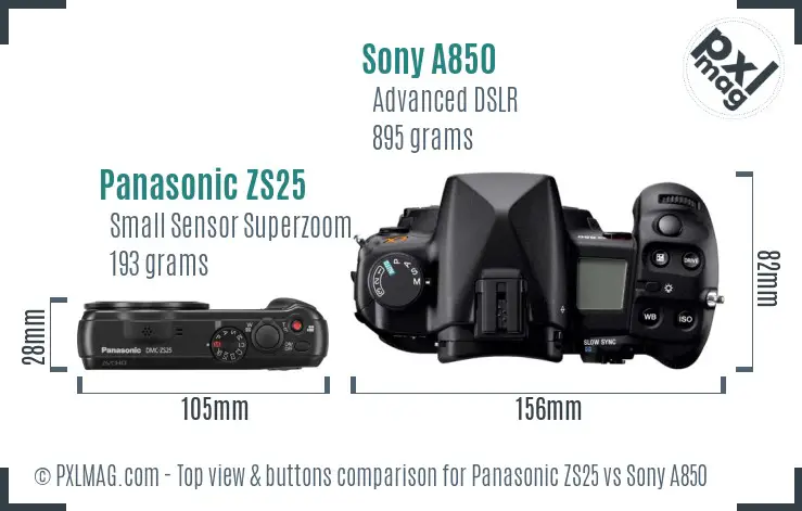Panasonic ZS25 vs Sony A850 top view buttons comparison Panasonic ZS25 vs Sony A850 top view buttons comparison