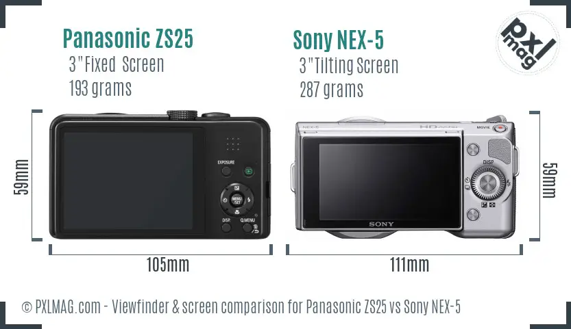 Panasonic ZS25 vs Sony NEX-5 Screen and Viewfinder comparison