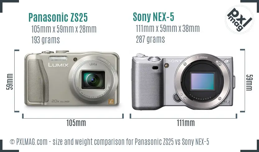 Panasonic ZS25 vs Sony NEX-5 size comparison