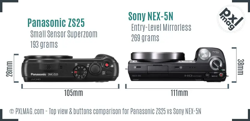 Panasonic ZS25 vs Sony NEX-5N top view buttons comparison Panasonic ZS25 vs Sony NEX-5N top view buttons comparison