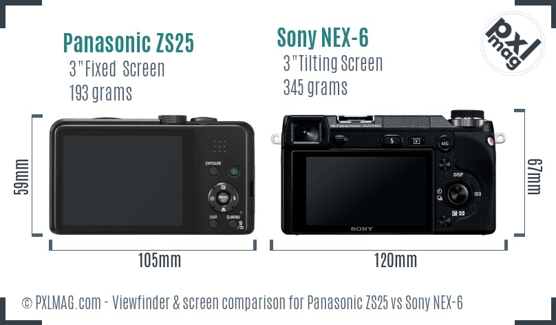 Panasonic ZS25 vs Sony NEX-6 Screen and Viewfinder comparison