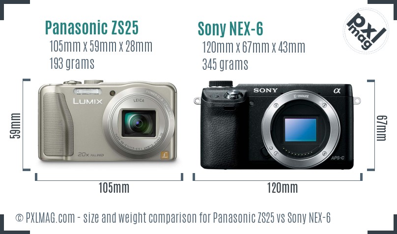 Panasonic ZS25 vs Sony NEX-6 size comparison