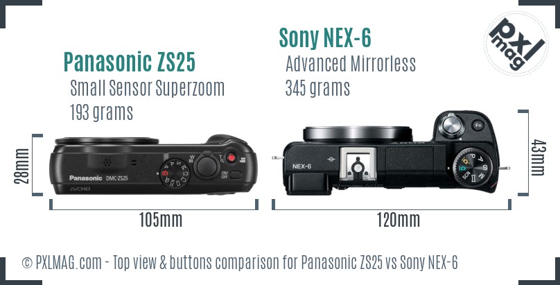 Panasonic ZS25 vs Sony NEX-6 top view buttons comparison