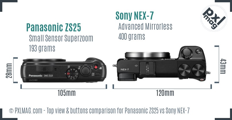 Panasonic ZS25 vs Sony NEX-7 top view buttons comparison