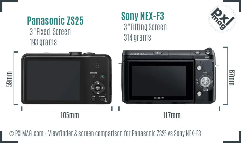 Panasonic ZS25 vs Sony NEX-F3 Screen and Viewfinder comparison