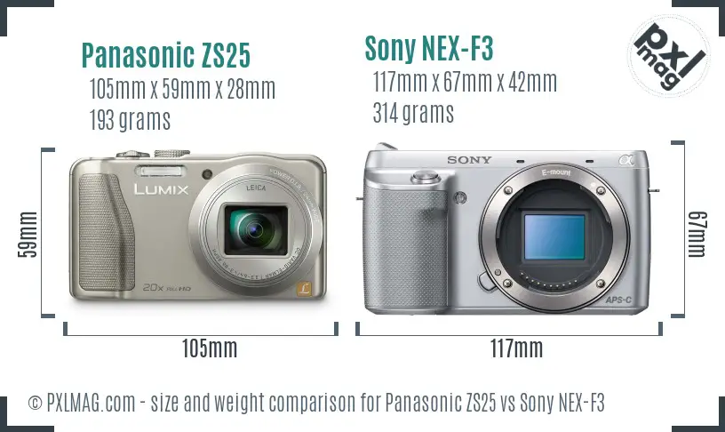 Panasonic ZS25 vs Sony NEX-F3 size comparison