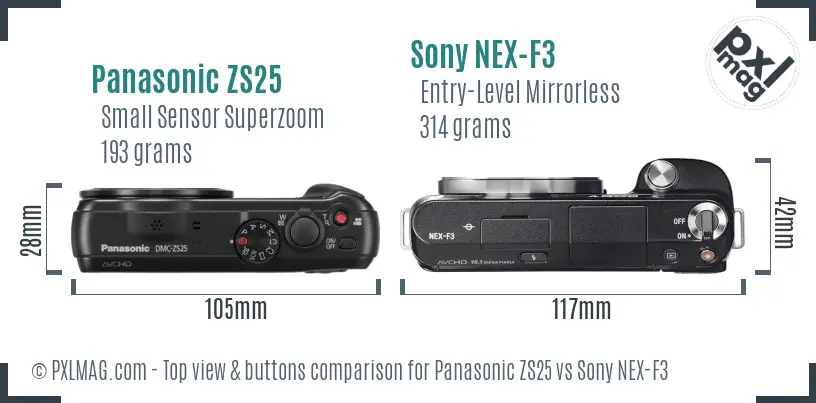 Panasonic ZS25 vs Sony NEX-F3 top view buttons comparison