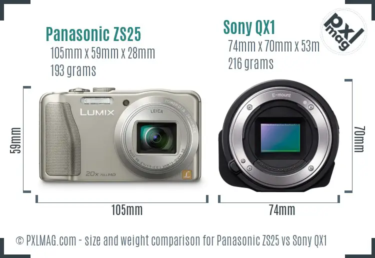 Panasonic ZS25 vs Sony QX1 size comparison