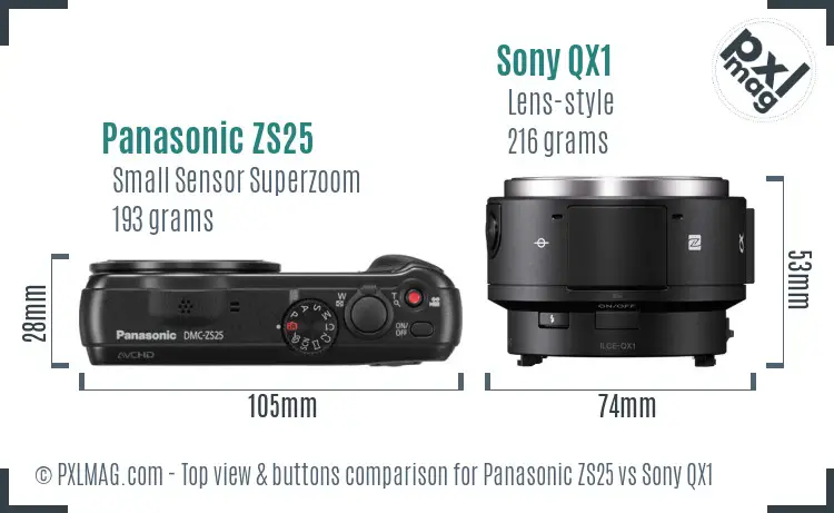 Panasonic ZS25 vs Sony QX1 top view buttons comparison