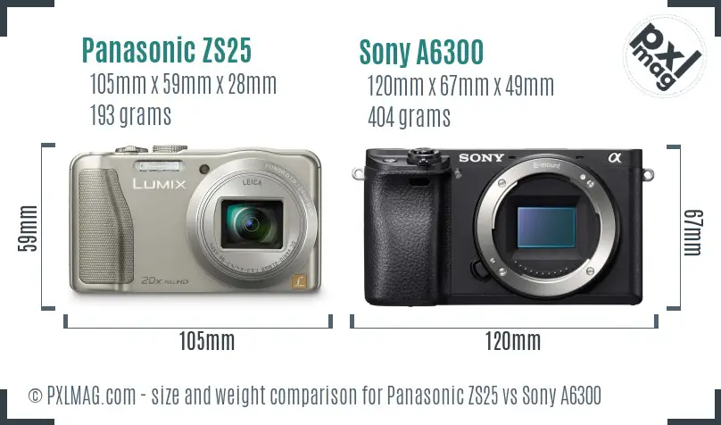 Panasonic ZS25 vs Sony A6300 size comparison