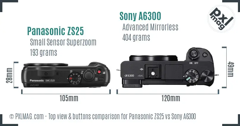 Panasonic ZS25 vs Sony A6300 top view buttons comparison