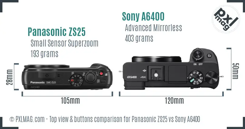 Panasonic ZS25 vs Sony A6400 top view buttons comparison