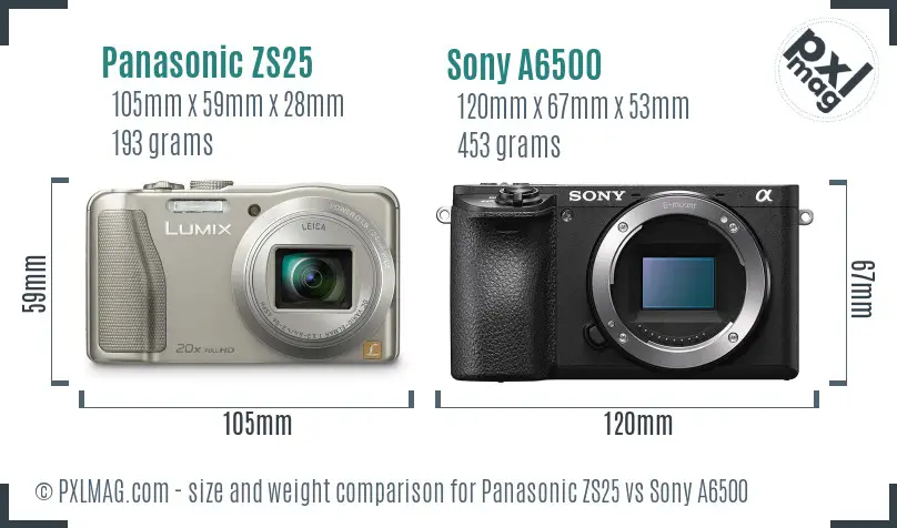 Panasonic ZS25 vs Sony A6500 size comparison