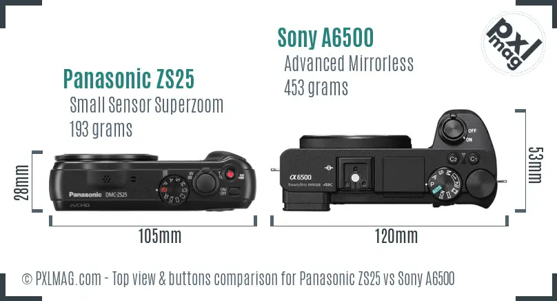 Panasonic ZS25 vs Sony A6500 top view buttons comparison