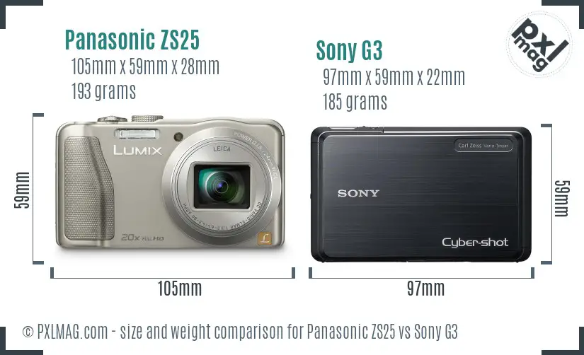 Panasonic ZS25 vs Sony G3 size comparison