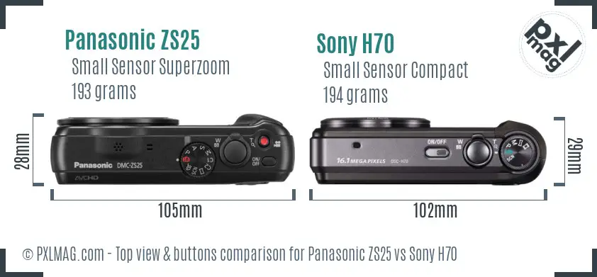 Panasonic ZS25 vs Sony H70 top view buttons comparison