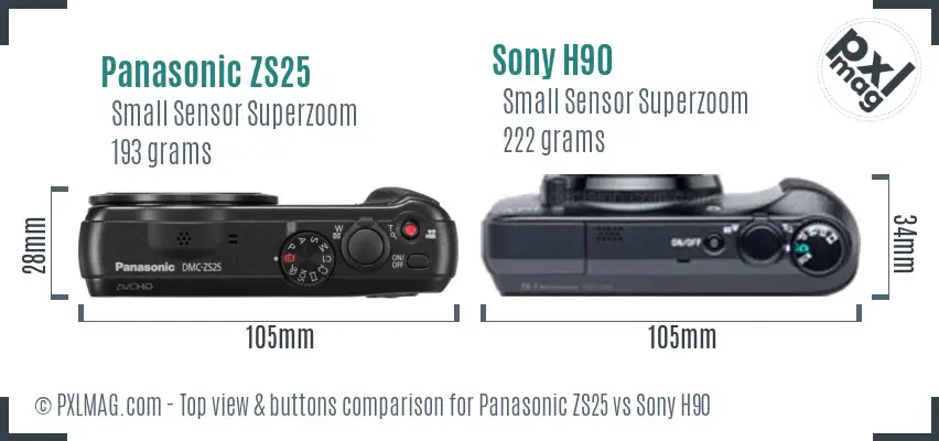 Panasonic ZS25 vs Sony H90 top view buttons comparison