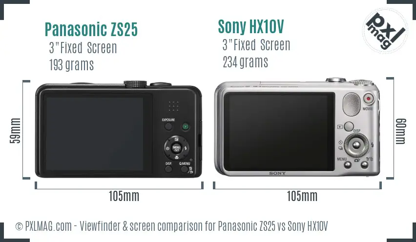 Panasonic ZS25 vs Sony HX10V Screen and Viewfinder comparison