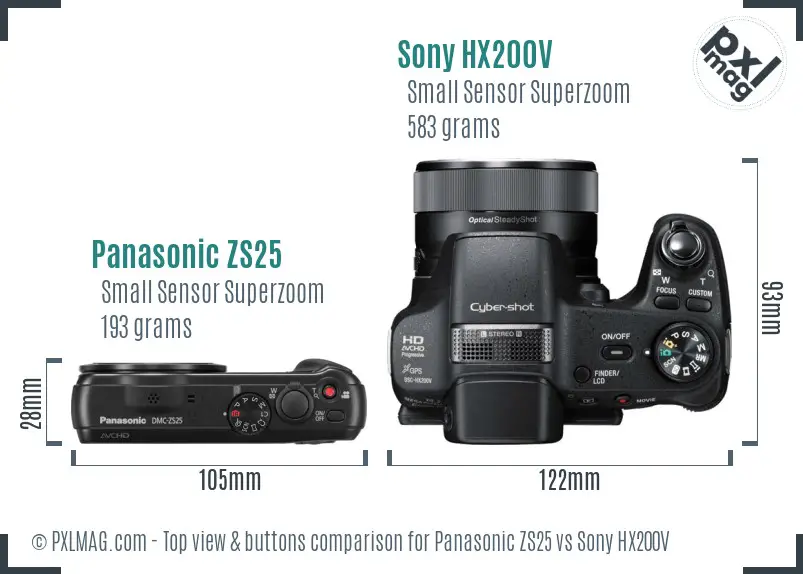 Panasonic ZS25 vs Sony HX200V top view buttons comparison